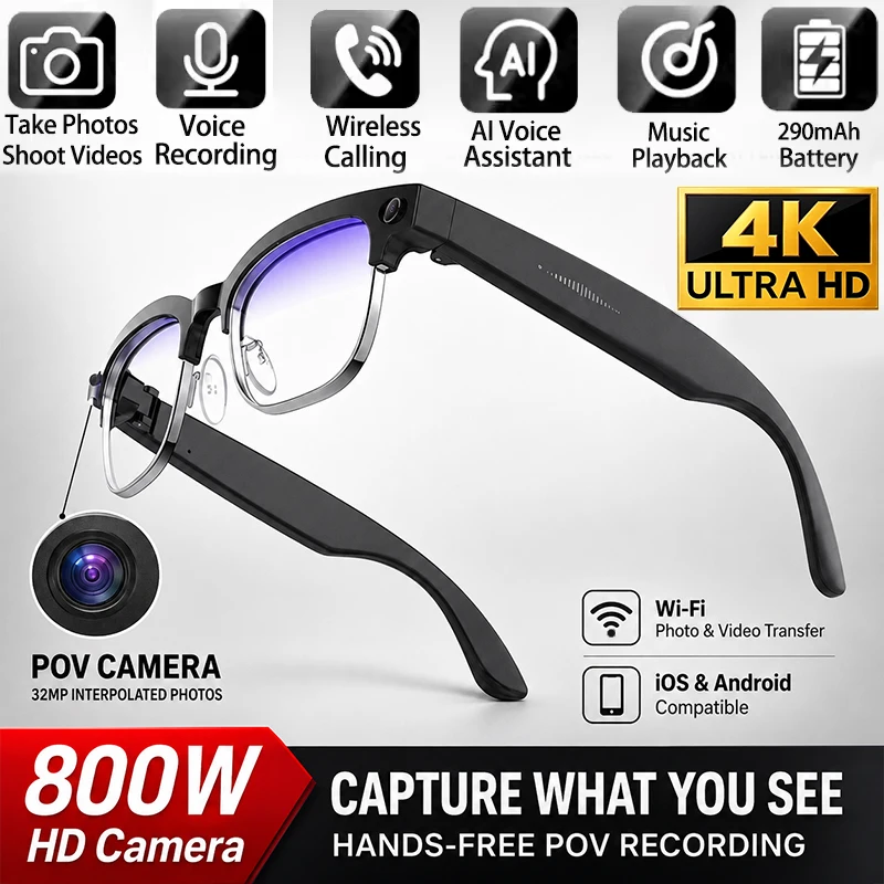 4K AI Smart Glasses 8MP POV Camera Video Recording Photo Recognition AI Translation WiFi Bluetooth Calls Photochromic Sunglasses