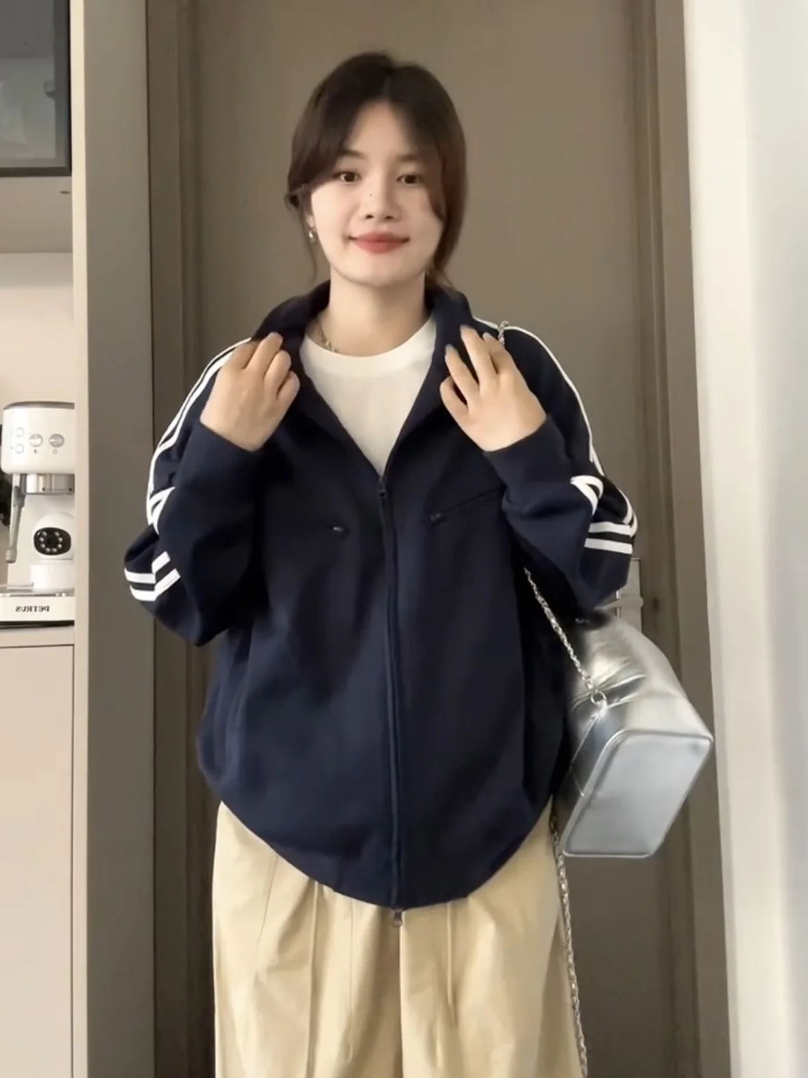 

Bomber Jackets Woman Clothes Plush Padded Loose Mid Length Front Popular Splicing Pocket Autumn Fashionable Student Layering