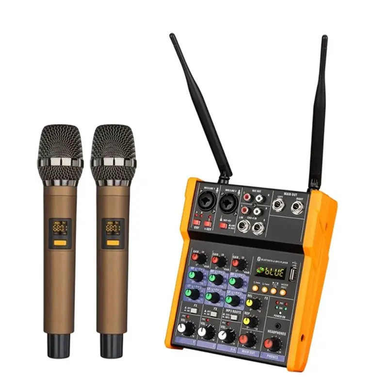 [B24B!】 Bluetooth USB Audio Interface 4-Channel Audio Mixer Console UHF Wireless Microphone Kit For DJ Karaoke PC Guitar