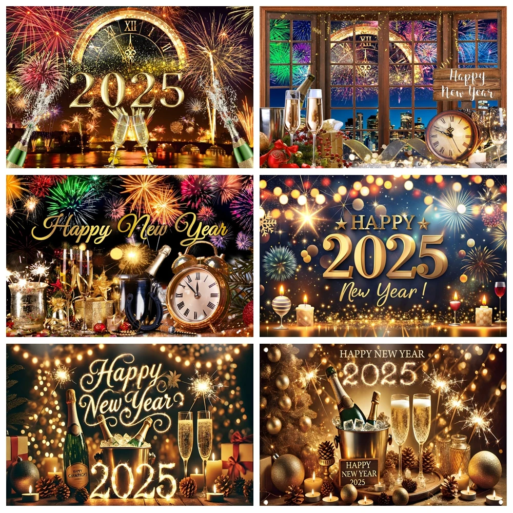 

2025 Happy New Year Backdrop Firework Glitter Gold Beer Champagne Clock New Year's Eve Party Family Photography Background Decor
