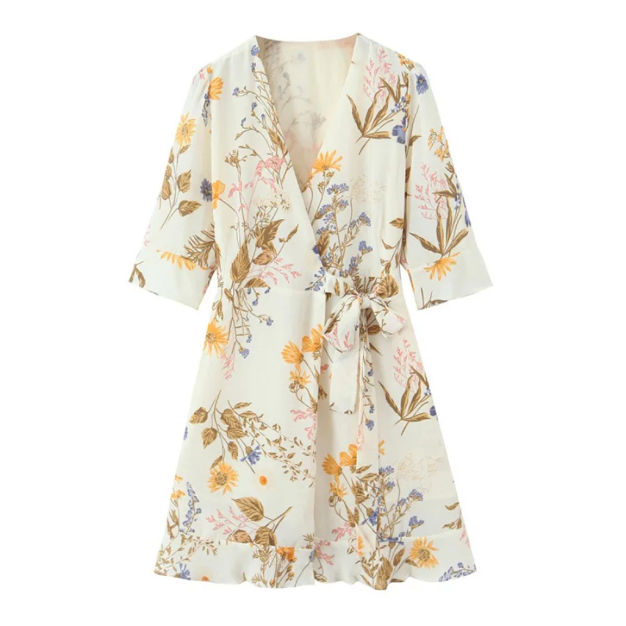 

【New style】Women's clothing French floral print V-neck ruffled strap wrap dress