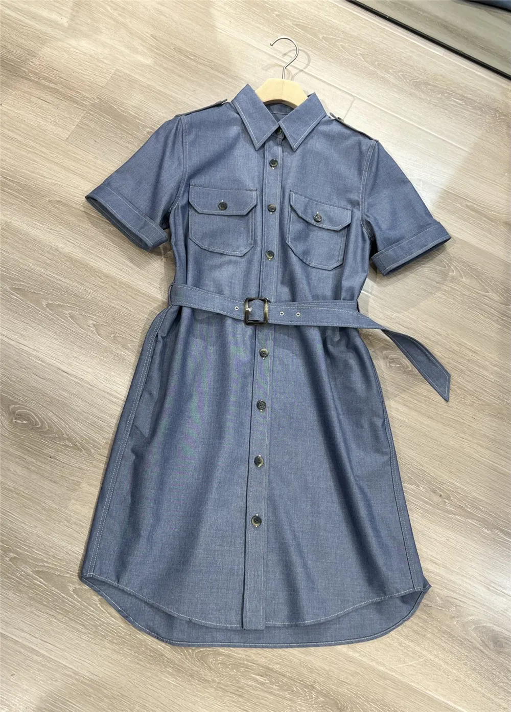 

Women Summer New Wool Cotton Blended Denim Short Sleeve Shirt Dress Cargo Pocket Belted Lapel Single Breasted Mid- Long Skirt