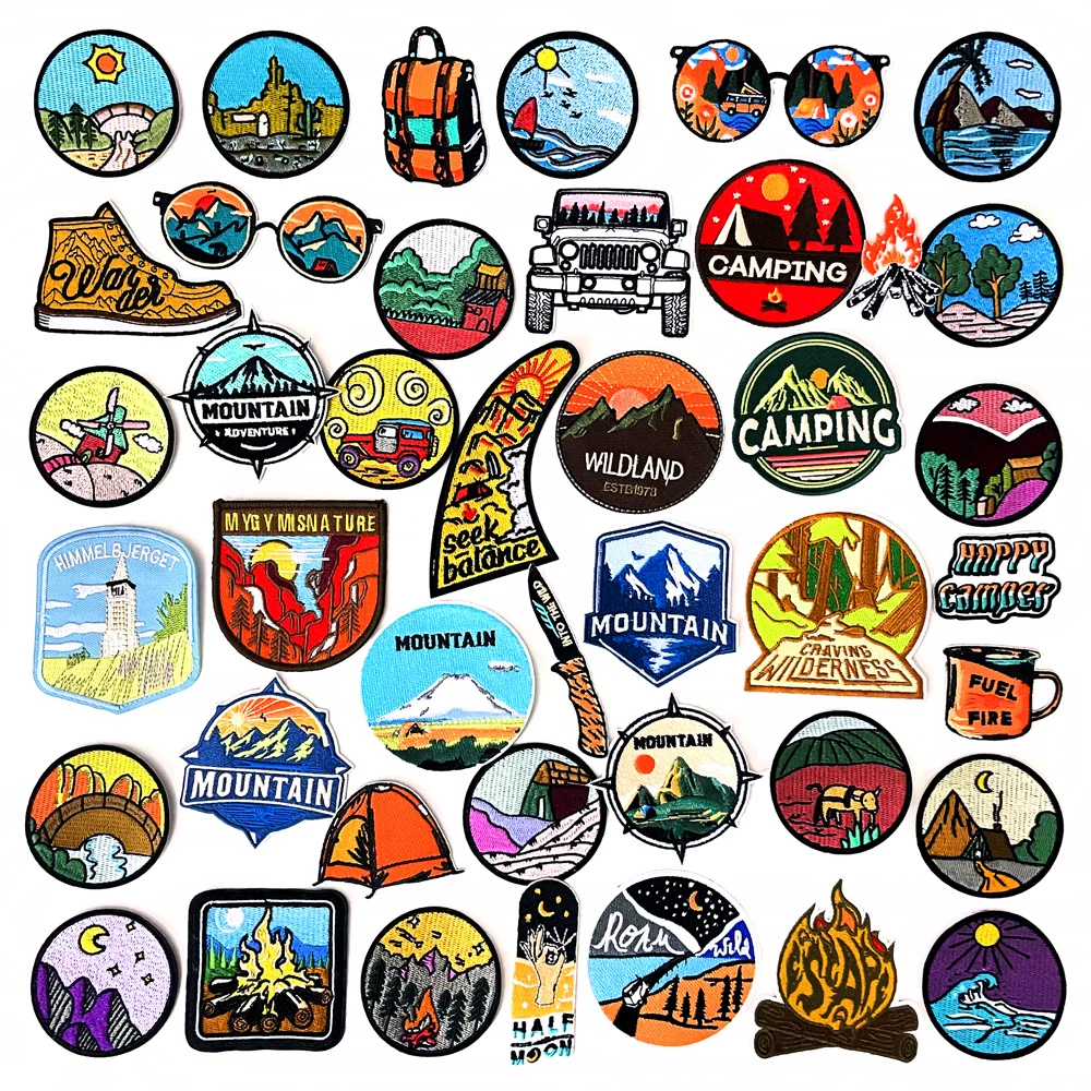 Camping Field Landscape Iron On Bandage Patches Apparel Sewing Fabric Handmade Appliques For Clothing Stickers Badge Parche