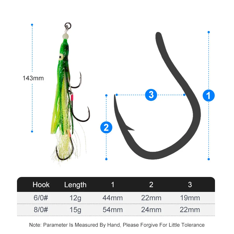 TEASER HK025 2pairs/bag 6/0 8/0 Jigging Hook UV Luminous Glow Rubber Saltwater Trolling Artificial Triple Sea Fishing Hooks