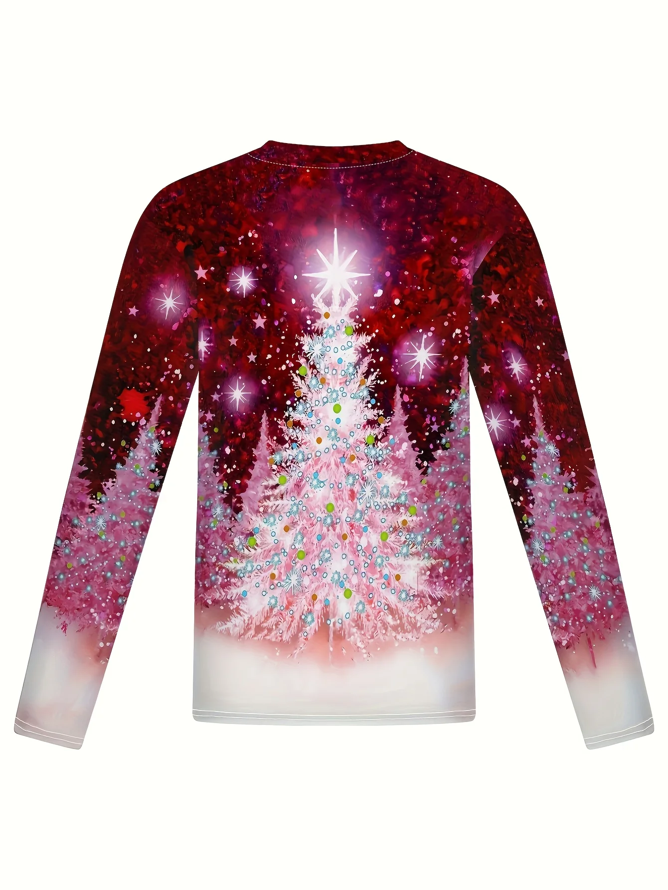 Women Crew Neck Long Sleeve T‑Shirt Pink Christmas Tree Glitter Star Gradient Print Casual Loose Fit Ladies Holiday Daily Tops - view 3