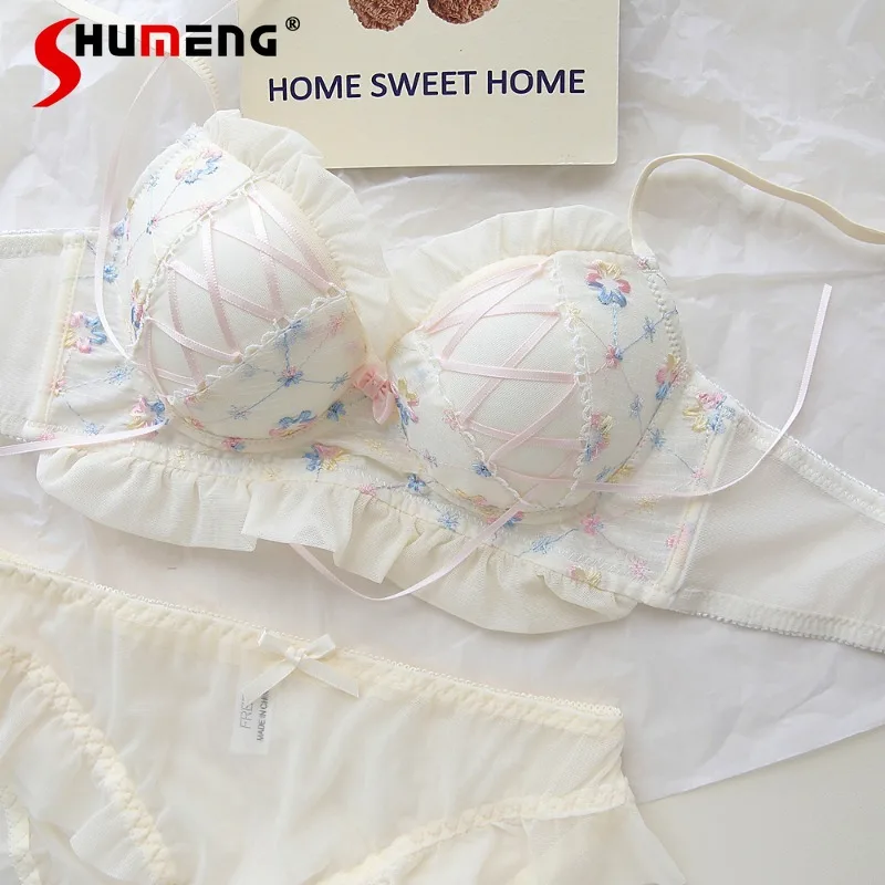 

Japanese Ribbon Bra Set for Girls with Small Bust Gathered Embroidered Flower Wireless Intimates Women Sweet Brief Suits