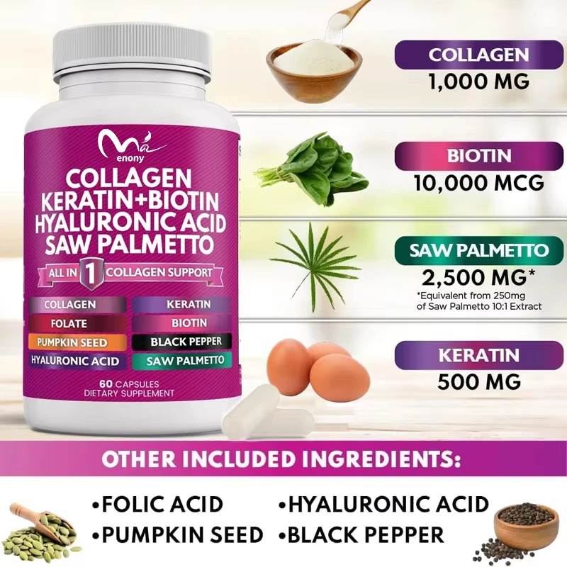 

Collagen mixture, biotin keratin, saw palm hyaluronic acid, hair, skin, and nails, vitamin 60 capsules, vegetarian capsules