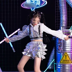 Children Jazz Dance Costumes For Girls Sliver Sequin Kpop Outfits Ballroom Hip Hop Dance Rave Clothes Performance Wear DQL8233