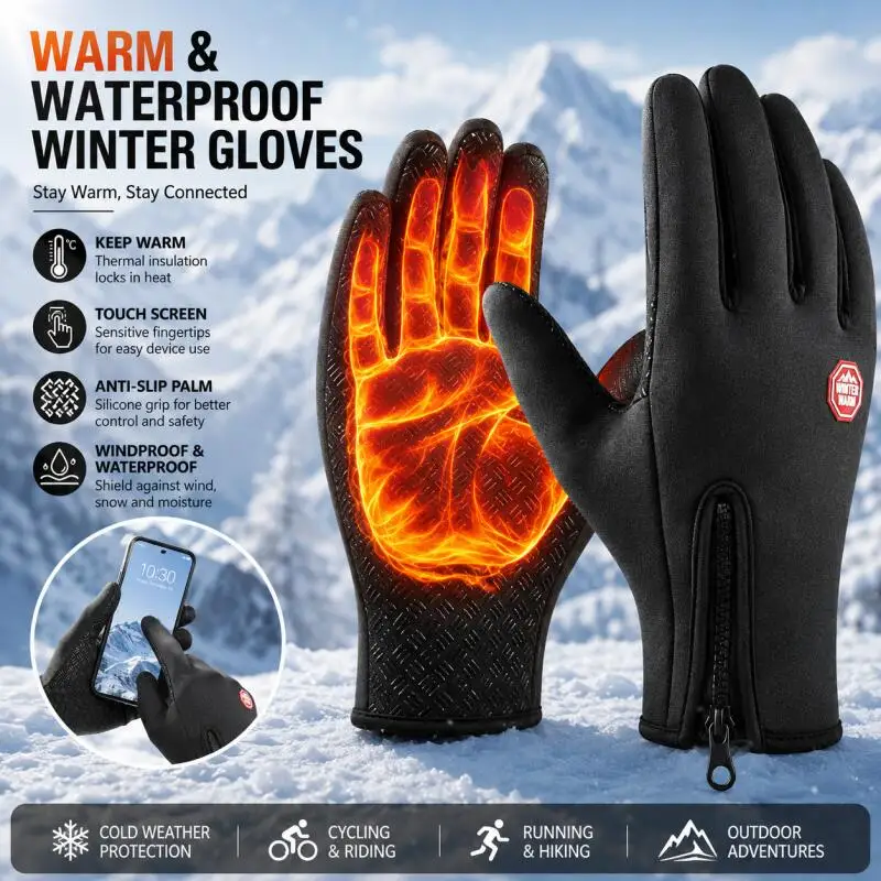 Winter Touchscreen Zipper Gloves for Men Women, Warm Full Finger Gloves for Cycling Running Hiking Commuting