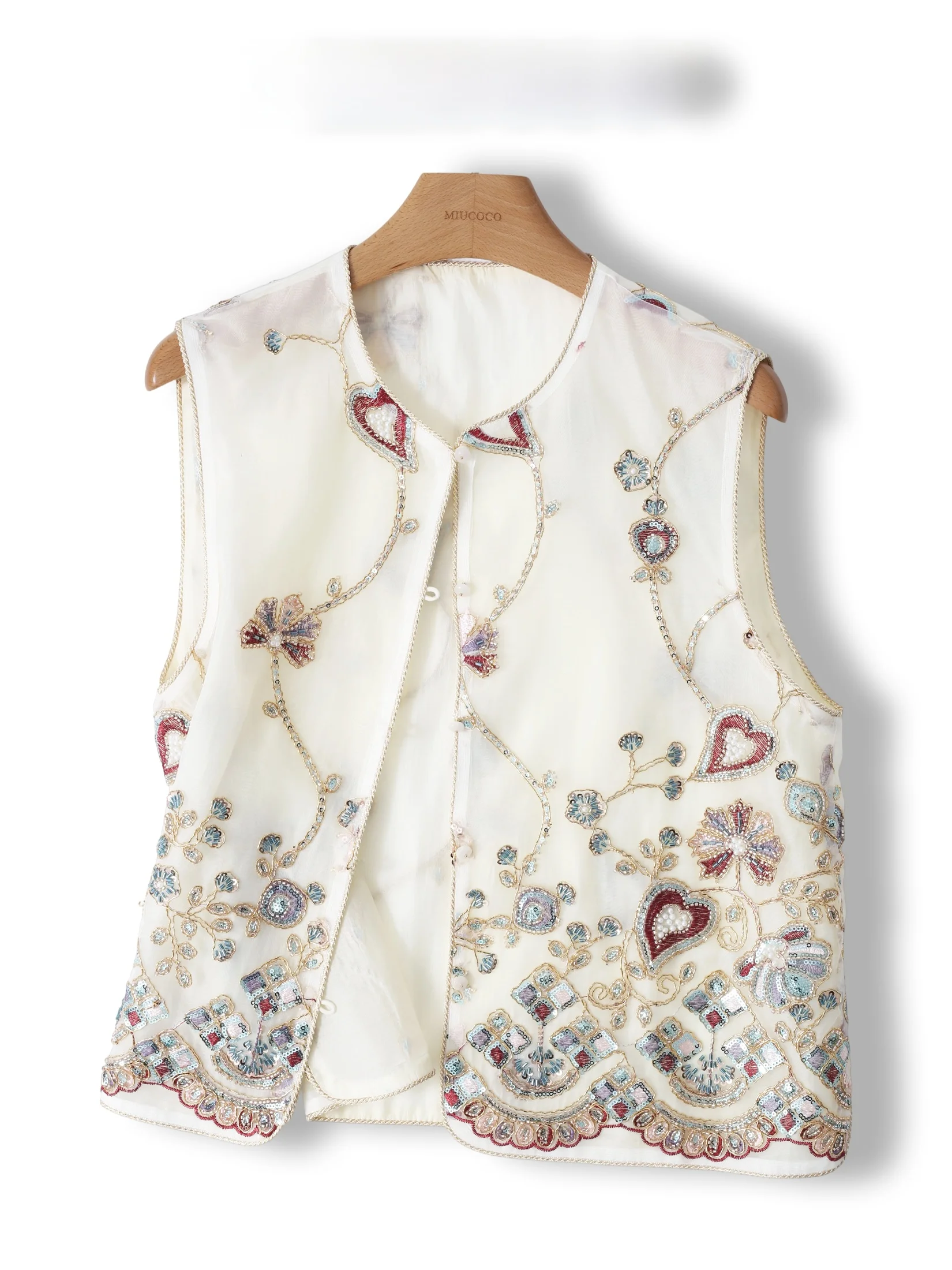 

Elegant Embroidered Sleeveless Vest Women's Fashionable Vintage Shoulder Pad Heavy Work Beading round Neck Loose Fit Tank Top