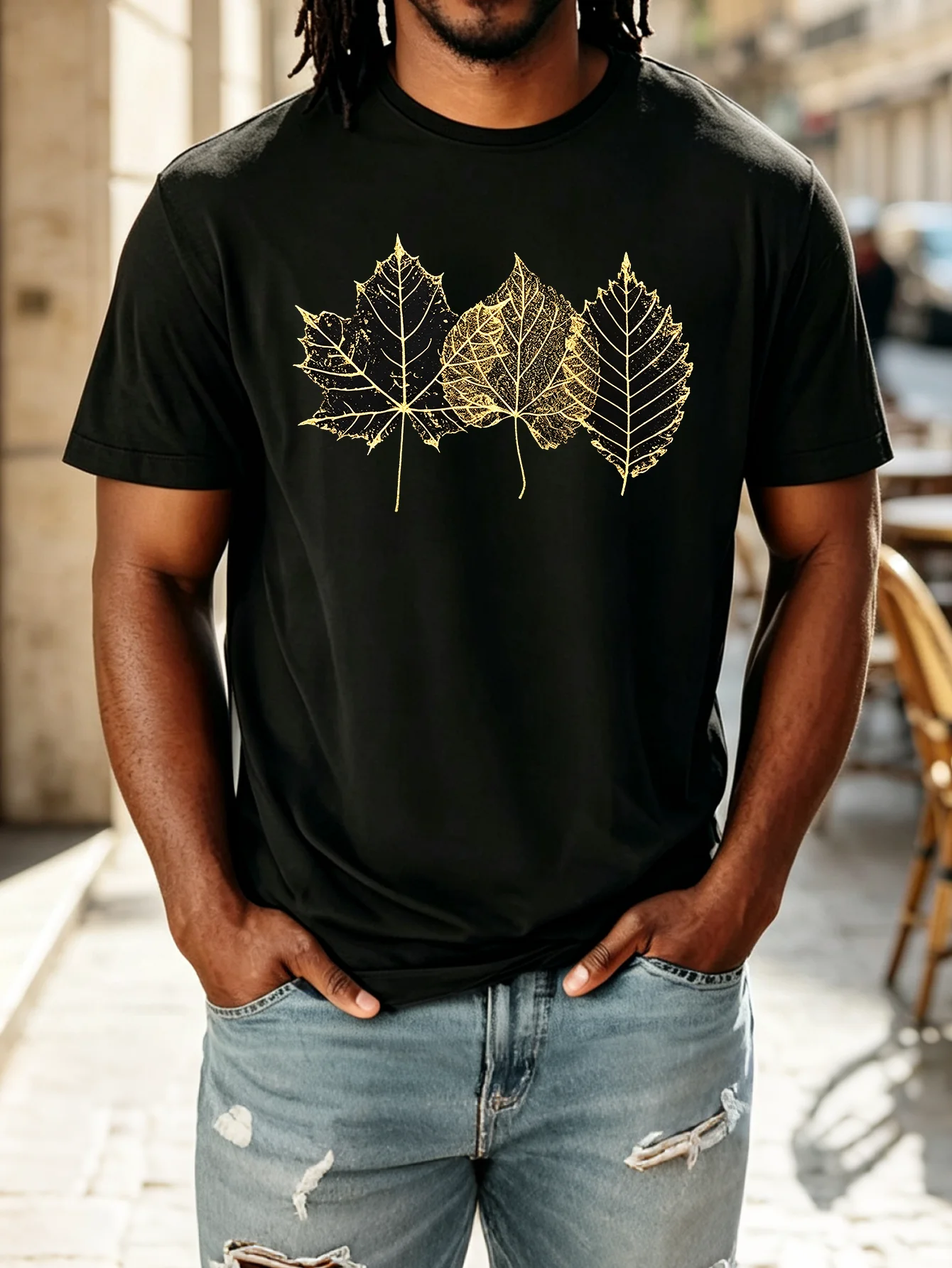 Men's Black Gold Leaf Vein Fall Graphic T-Shirt - Crew Neck Short Sleeve Faith Religious Tee for Halloween Christmas All Seasons Casual Tops