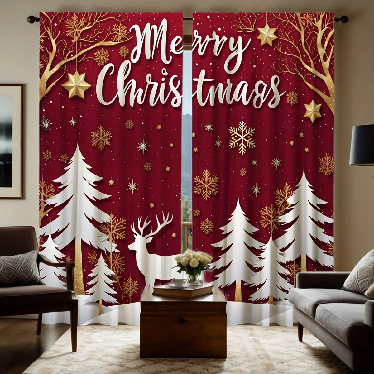 

2pcs Red Christmas Ball Print Curtains Soft Microfiber Rod Pocket Design For Easy Hanging Perfect For Living Room Bedroom Study