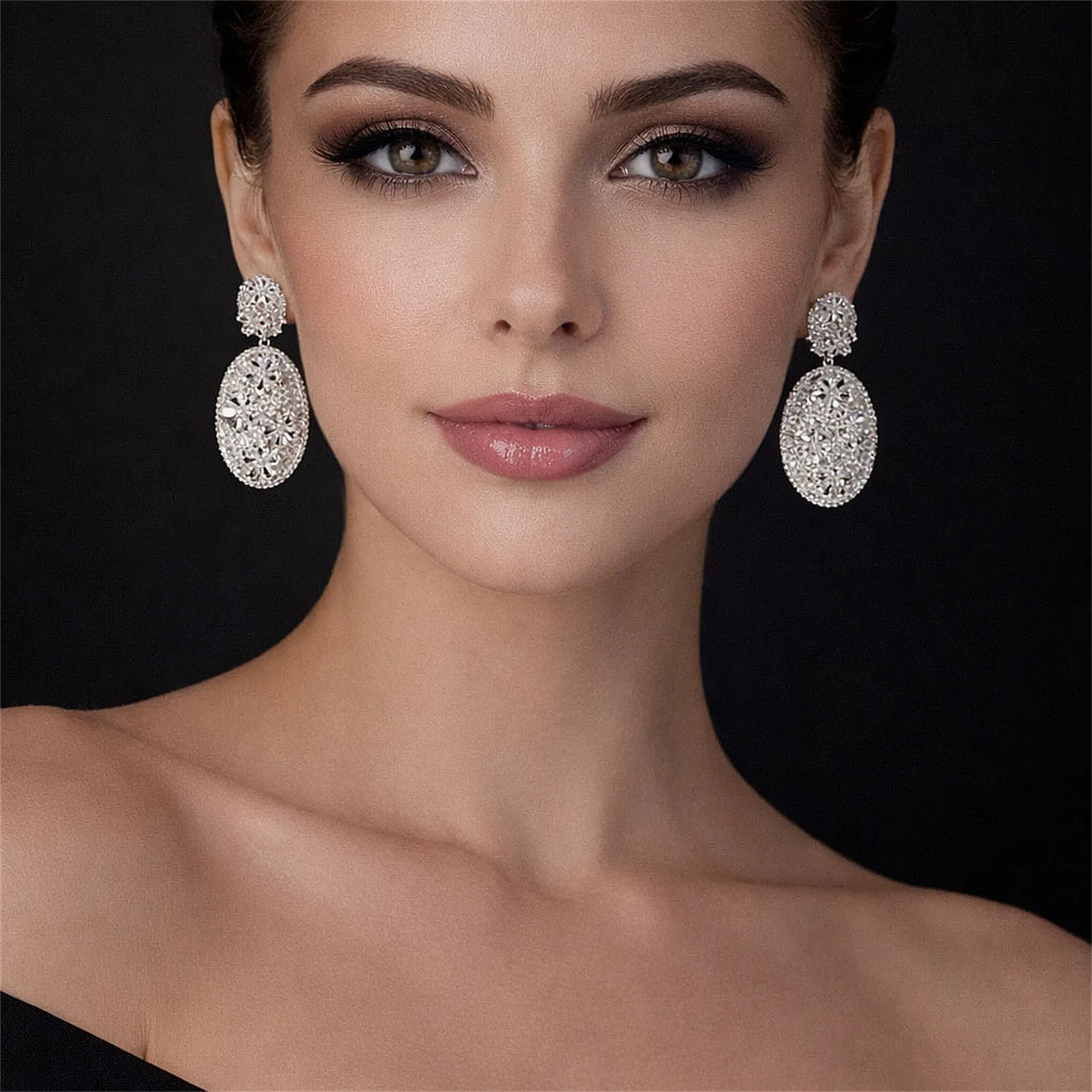 cubic zirconia earrings for women shiny elegant jewelry silver gold color red oval dangling earrings flower party jewelry