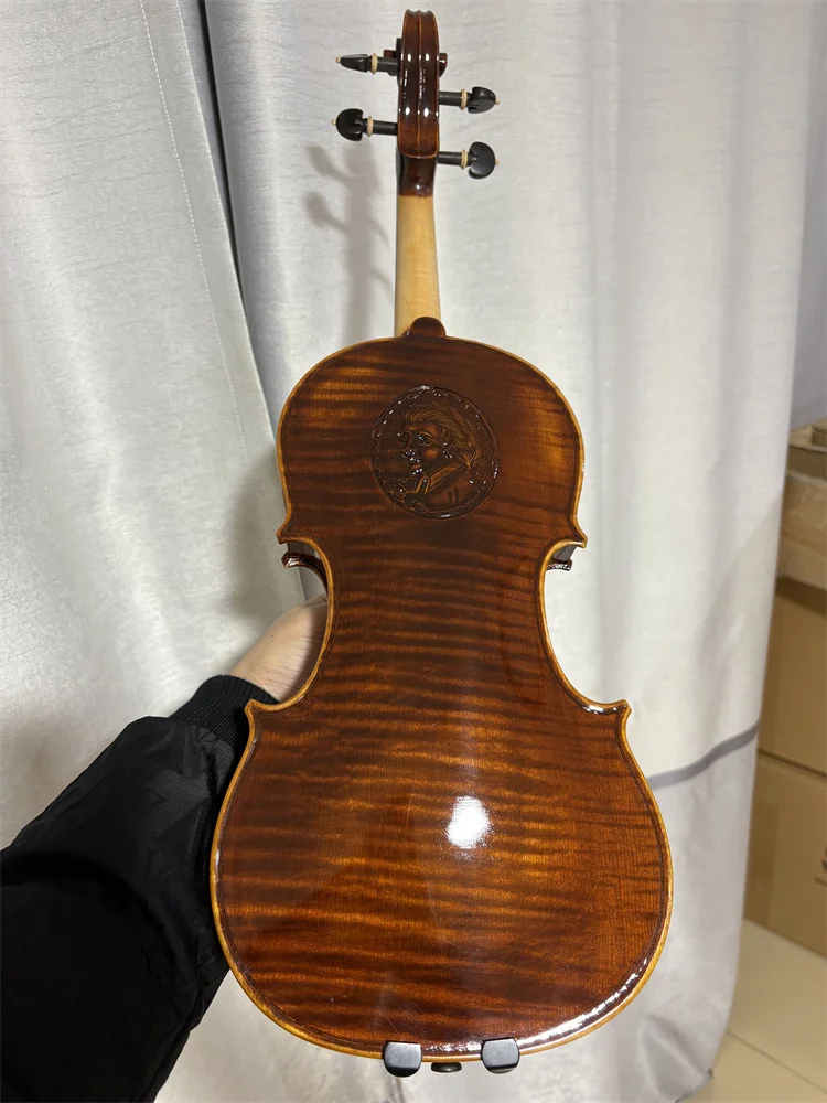 كمان موزارت منحوت يدويًا من خشب القيقب الخلفي قطعة واحدة - 4/4 مقاس - شاشة عرض حقيقية #6