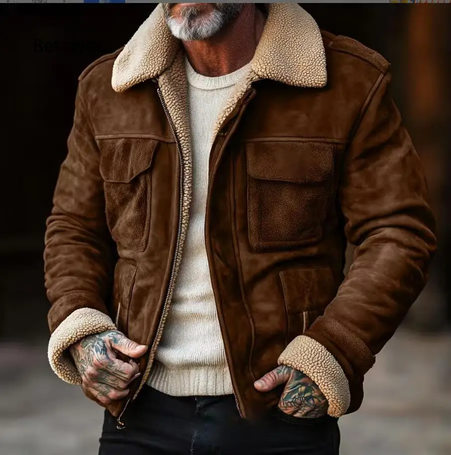 Men Fur Collar Zip Up Cargo Jacket Fleece Lined Warm Outerwear for Autumn Winter Daily Casual Cold Weather Wear