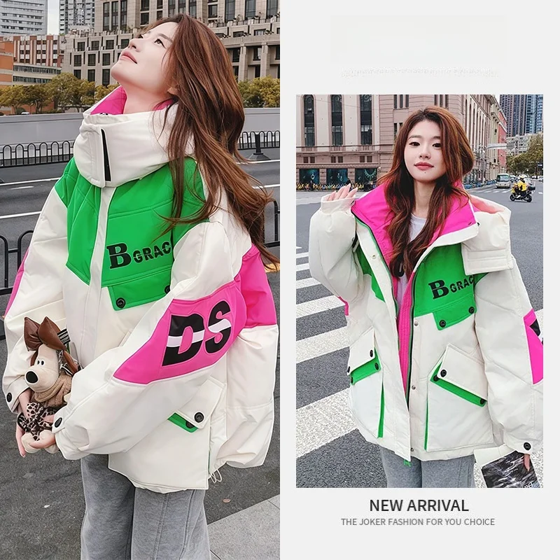 

Trendy Spliced Bread Style Thickened Cotton Jacket Women's Loose Fit Winter Fashion Outerwear Premium Quality Long Sleeve Zip...
