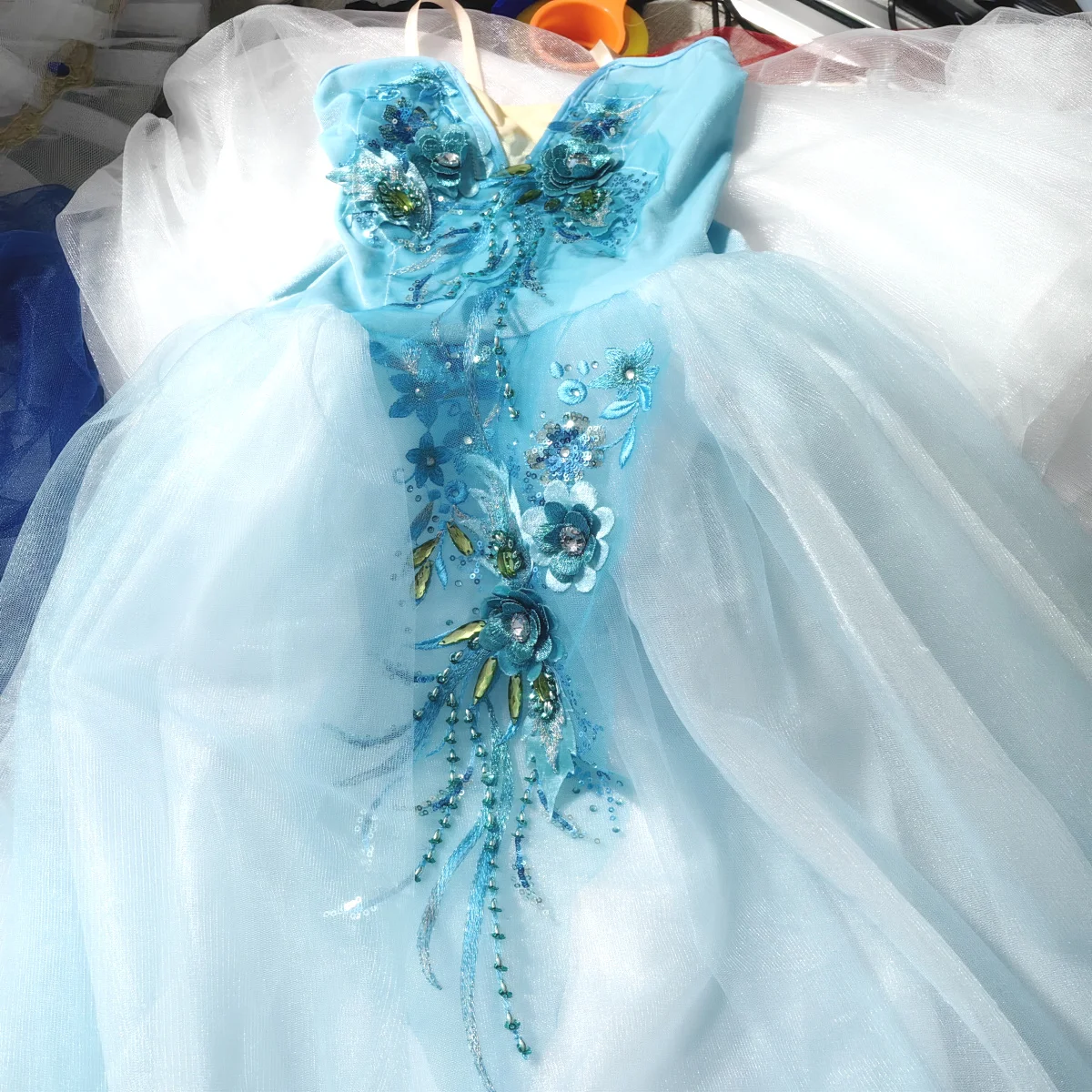 Blue Ballet Tutu Skirts 3d Flower Dress Performance Costumes Princess Dance Practice Long Romantic Dress