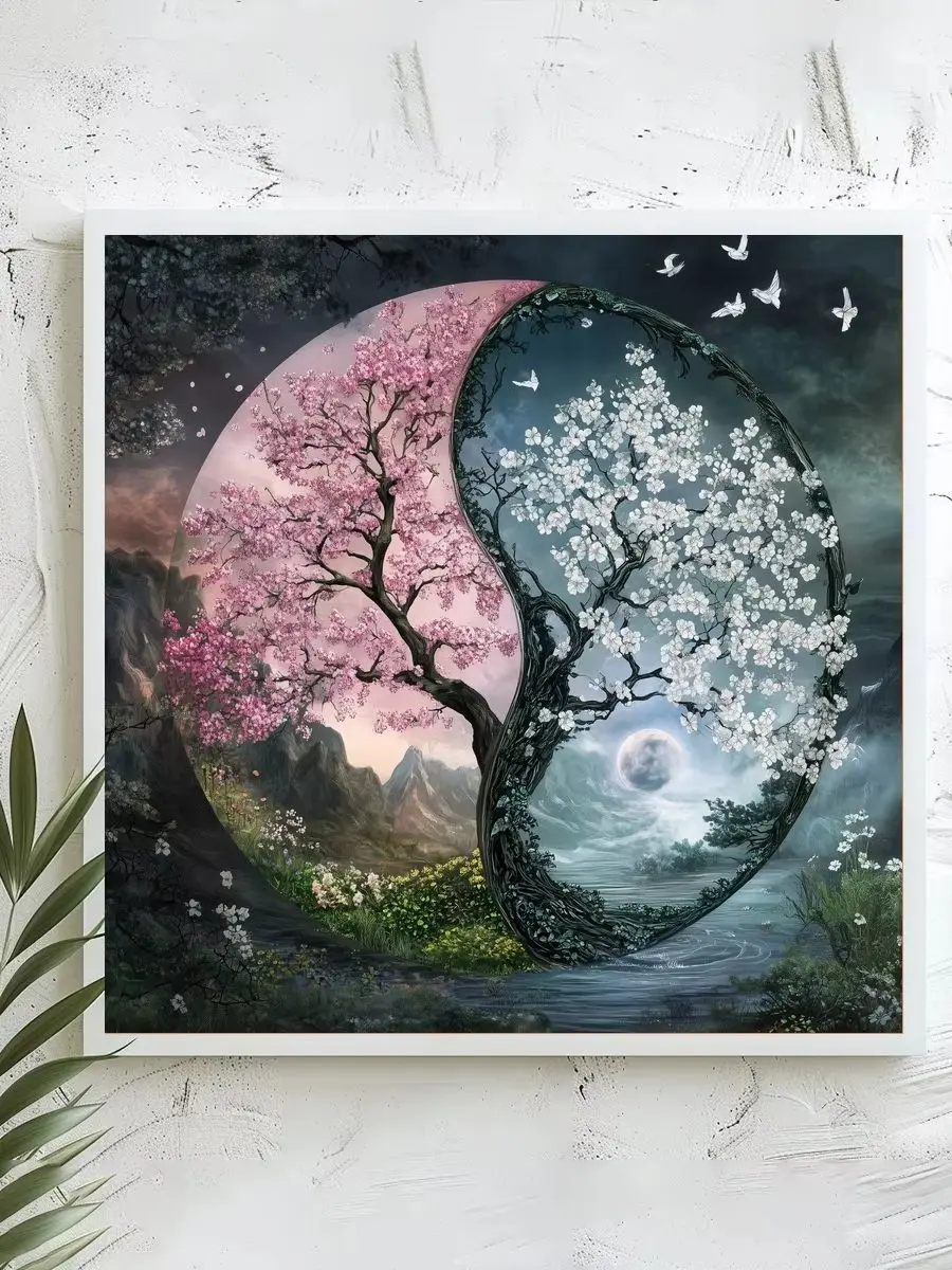 1 Stück 40x40 cm/15,74 Zoll, 11Ct/14Ct Kreuzstich-Set, DIY Valentinstagsgeschenk, Stickerei-Set für Festlichkeiten, Yin-Yang-Kirschbaum-Motiv – Detail 1