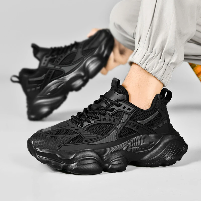 Men's Large Size 48 Size Light Shock Absorbing Shoes Black Thick Sole Height-enhancing Sneakers Autumn Trendy Versatile Men Shoe