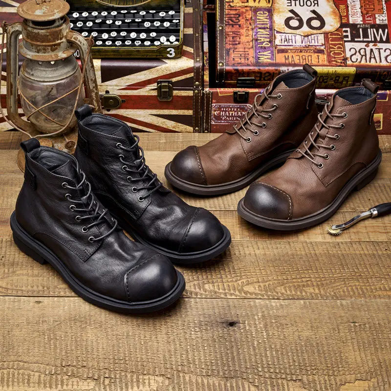 Fashion New Men's British Retro Genuine Leather Engineer Boots Mid-calf Motorcycle Boots Winter Plush Vintage Luxury Shoes