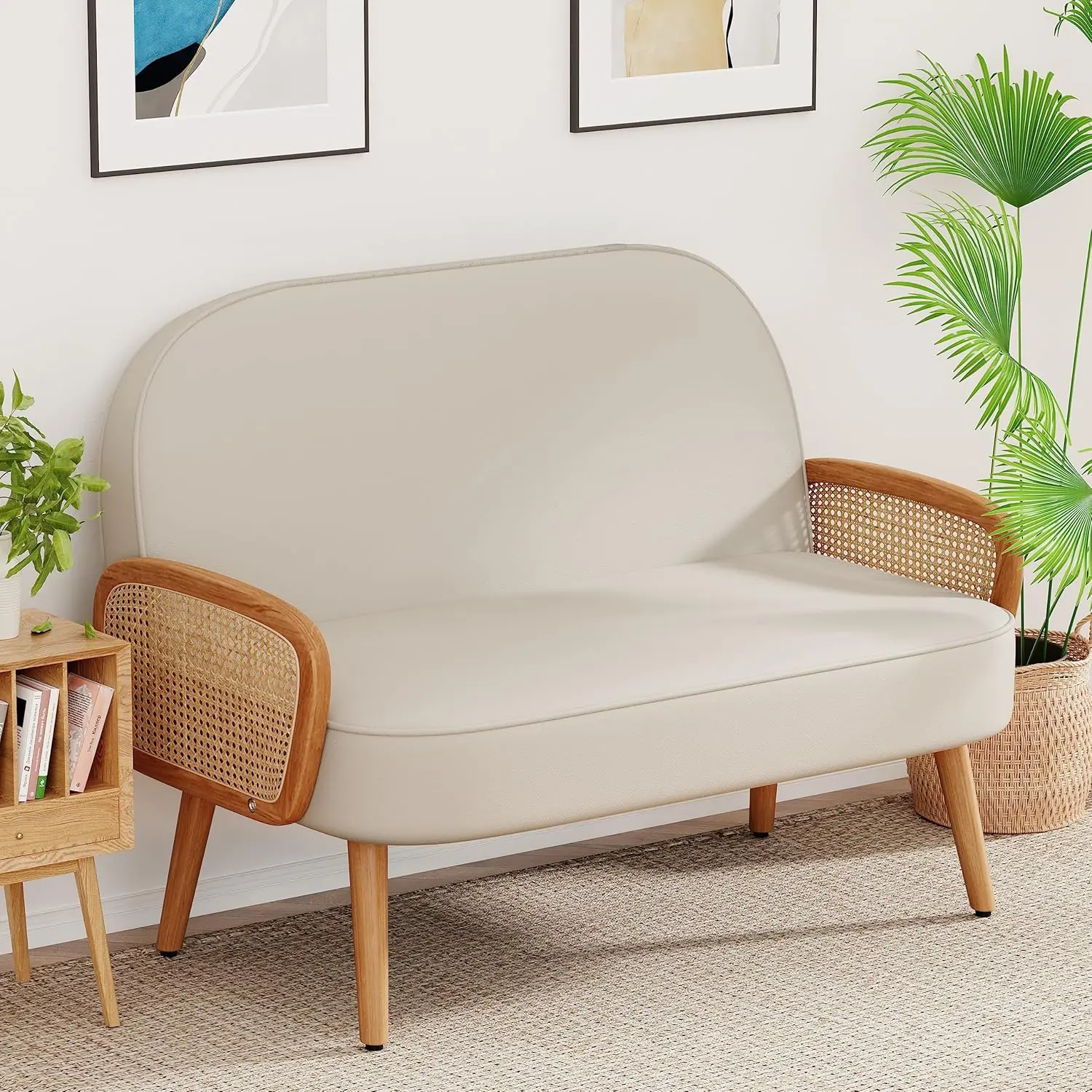 

45" W Faux Leather Small loveseat with Natural Rattan Arms,Upholstered Modern Mini Sofa Couch Love Seat Settee Bench wit