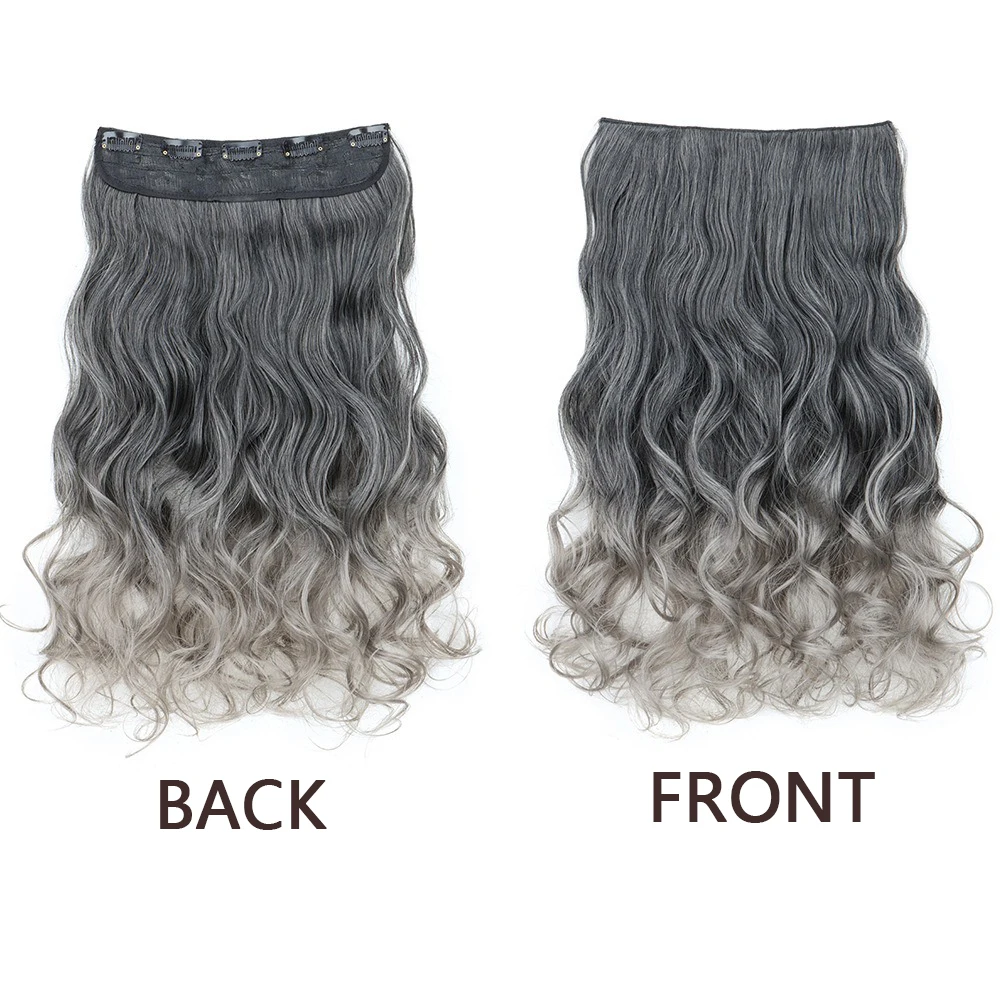 Synthetic One Piece 20Inch Long Curly Hairstyle Hair Extension Black Gradient Grey Hairpiece Wig for Women
