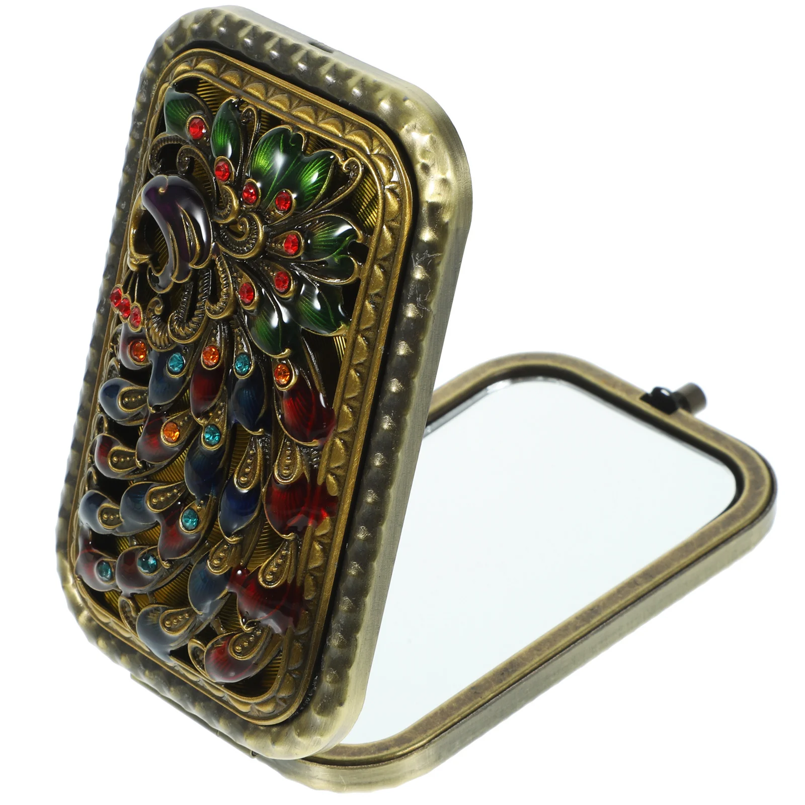 Specchio tascabile retrò Mini specchio per trucco doppio lato Dimensioni compatte Portatile pieghevole ad alta definizione Design chic per uso esterno