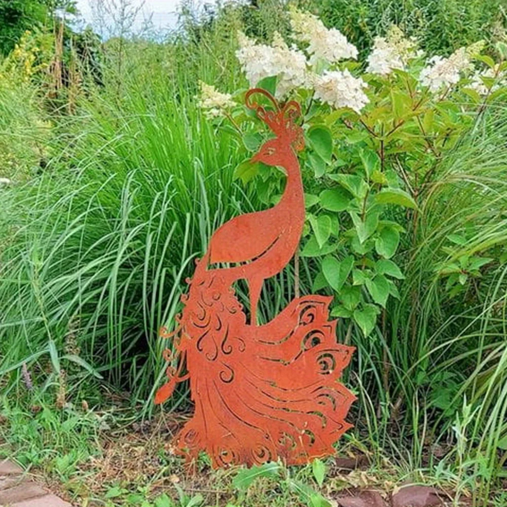 Rustic Craft Rusty Pea Rooster Statue Garden Stake Decor, Rusted Metal Pea Rooster Yard Art Lawn Decoration Outdoor Sculpture