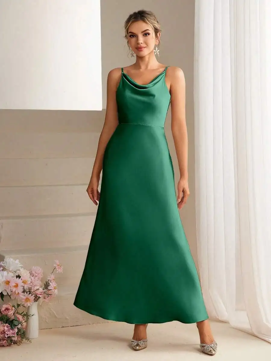 Elegant Satin Spaghetti Strap Long Gown For Bridesmaid Party Prom
