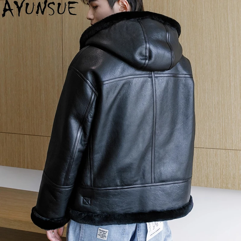 AYUNSUE New Natural Wool Fur Coat Man Genuine Sheepskin Leather Jacket Hooded Winter Reversible Warm Fur Coats Jackets Chaquetas