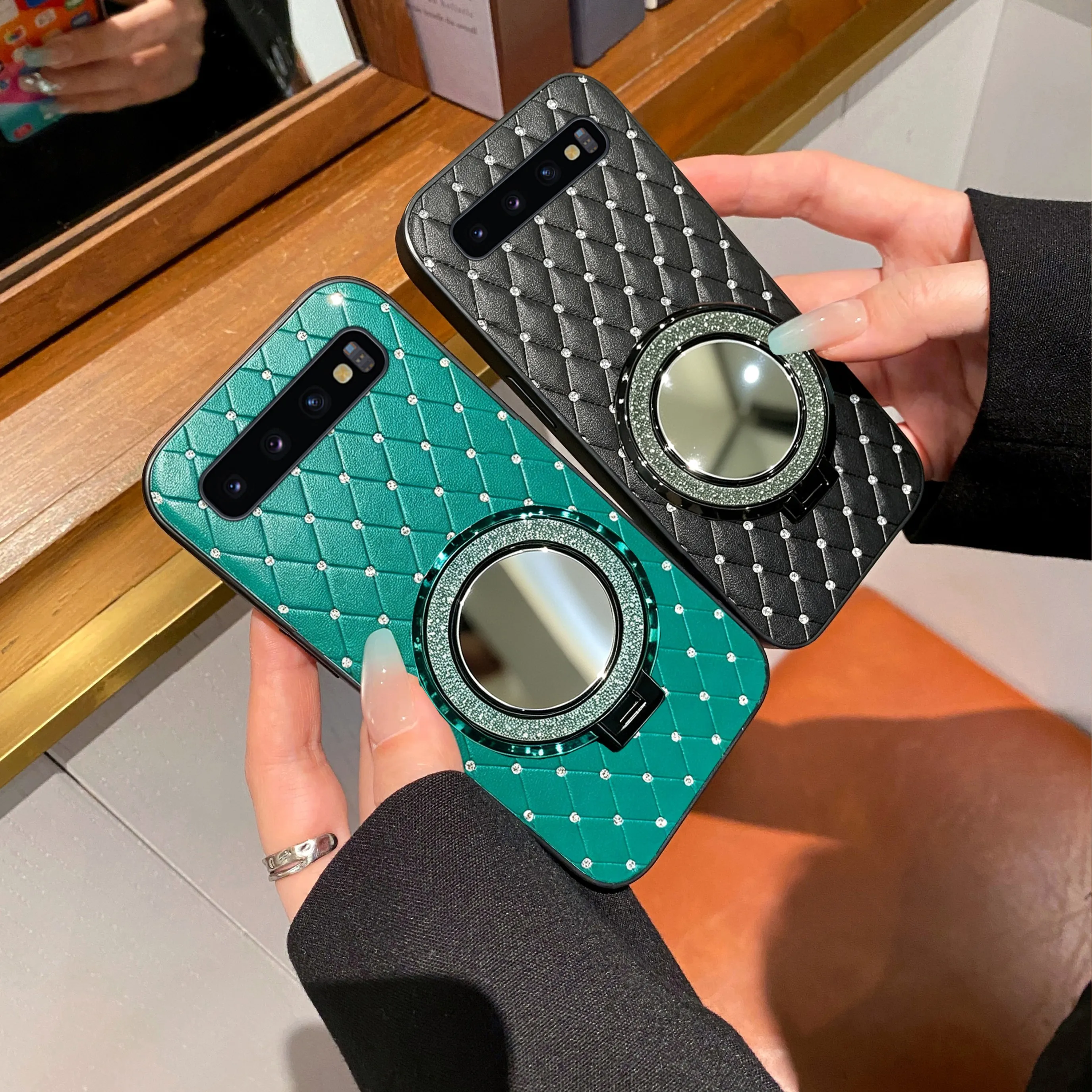 Rhombus Grid Leder-Handyhülle mit Schminkspiegel und Magnetring für Samsung Galaxy S10 Galaxy S10 5G Galaxy S10+ Galaxy S10 Lite