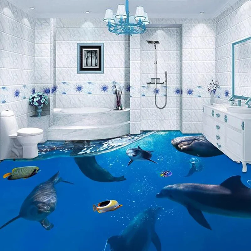 Cartoon Dolphins 3D Floor Painting Mural Wallpaper Bathroom Kids Bedroom PVC Self-Adhesive Waterproof Floor Wallpaper 3 D