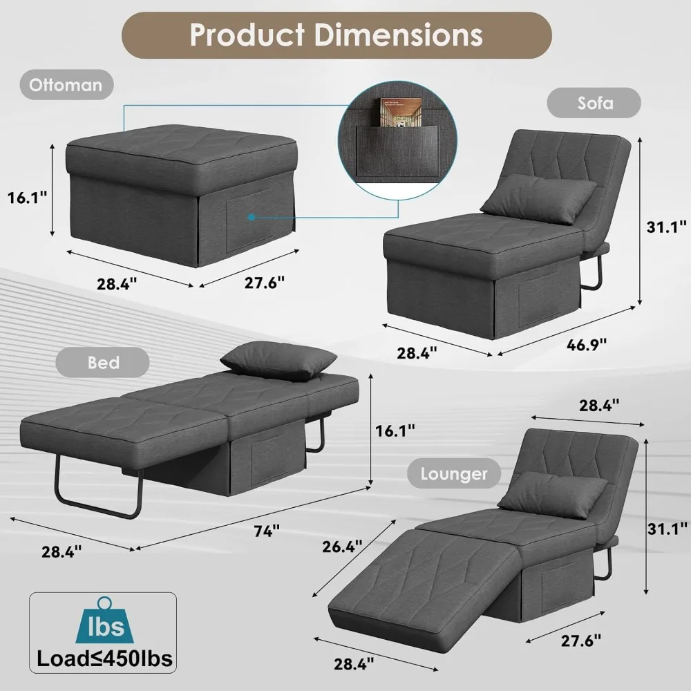 أريكة سرير قابلة للتحويل بمسند ظهر مكون من 5 مستويات قابلة للتعديل، كرسي نوم عثماني عريض 74 عميق × 28، سرير فوتون فردي حديث لـ C #2