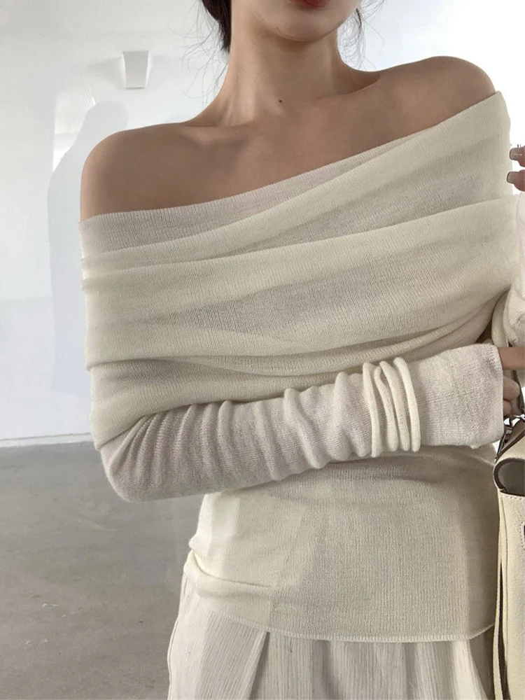 Off Shoulder Long Sleeve Tops Women Autumn Slim Pleated T-shirt Female Sexy Fashion Casual Thin Knitted Sweater Ladies 2023