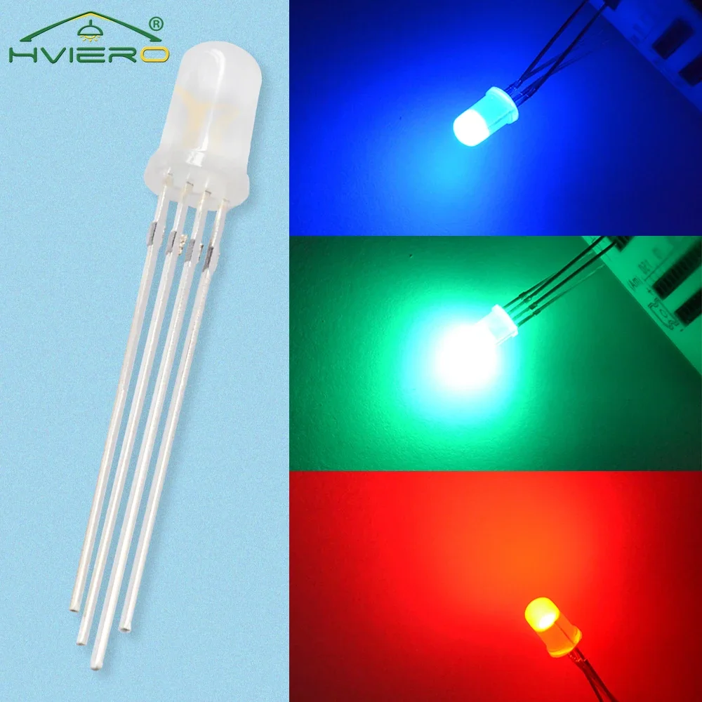 100Pcs LED Emitting Diodes Min F5 5mm Round Lamp Bead 4pin Diffused Bulb RGB Tri-Color Common Cathode Decoration Atmosphere Neon