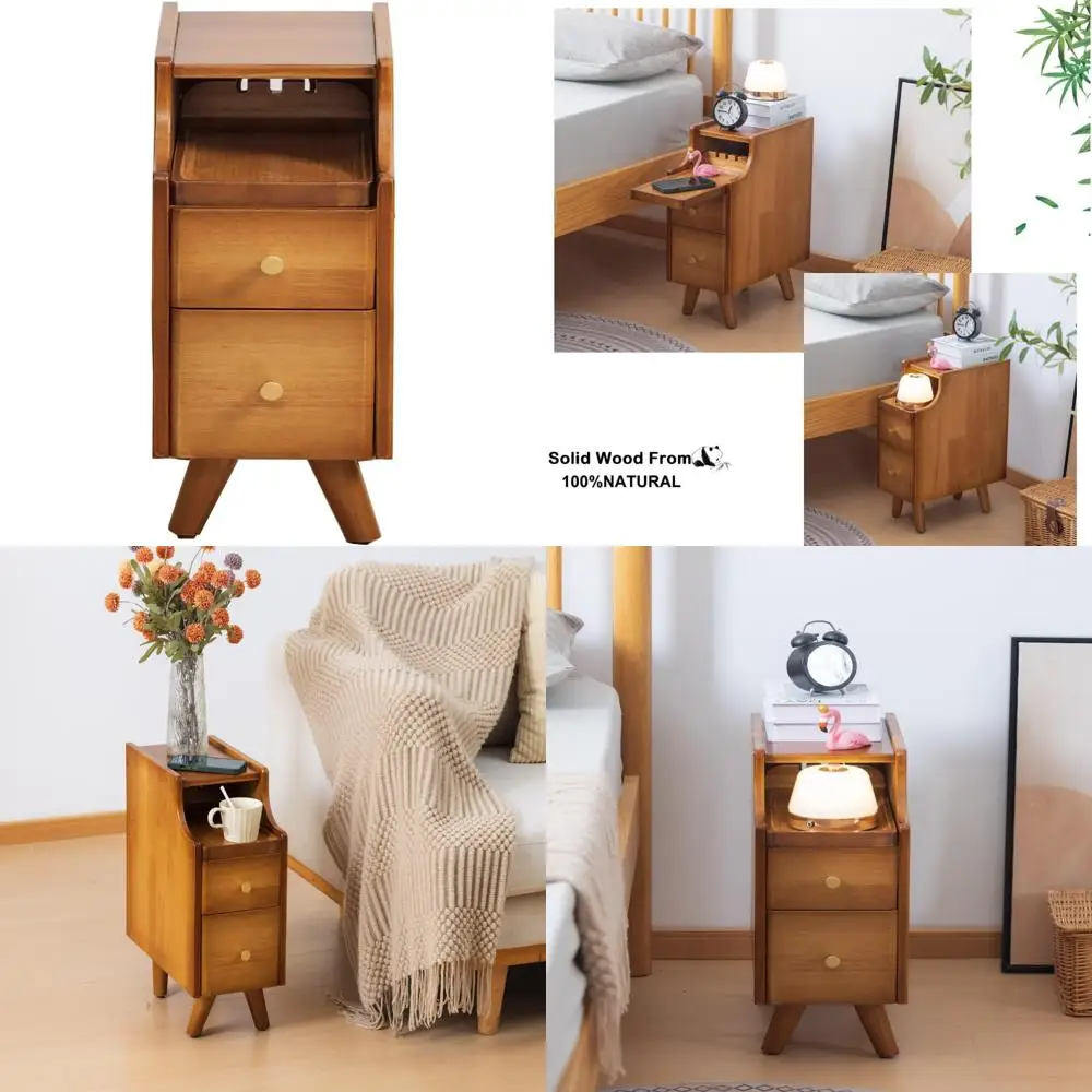 منضدة من الخشب الصلب بدرجين مع رف تخزين، طاولة بجانب السرير ضيقة صغيرة من خشب الجوز، عريضة 7.87 لغرفة النوم