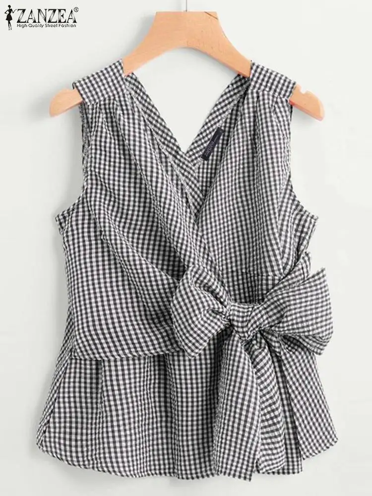 Summer Plaid Checked Blouse ZANZEA Fashion Women V Neck Sleeveless Elegant Tanks Tops Casual Lace Up Holiday Shirt Party Blusas