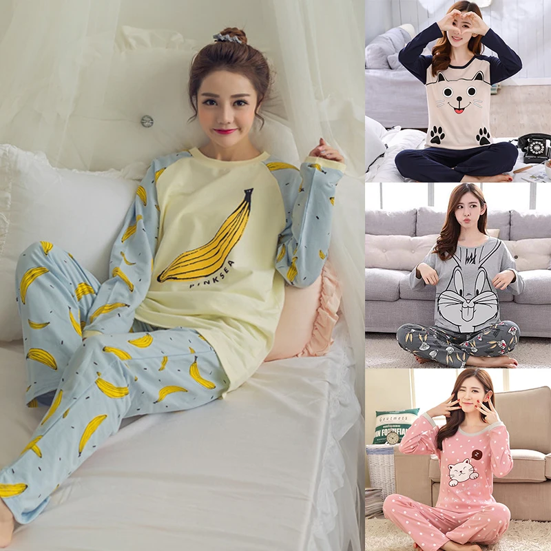 Cartoon Polyester Cotton Pajamas Women's Spring and Autumn Models Long-sleeved Home Service Women's Simple Loose Casual Suit