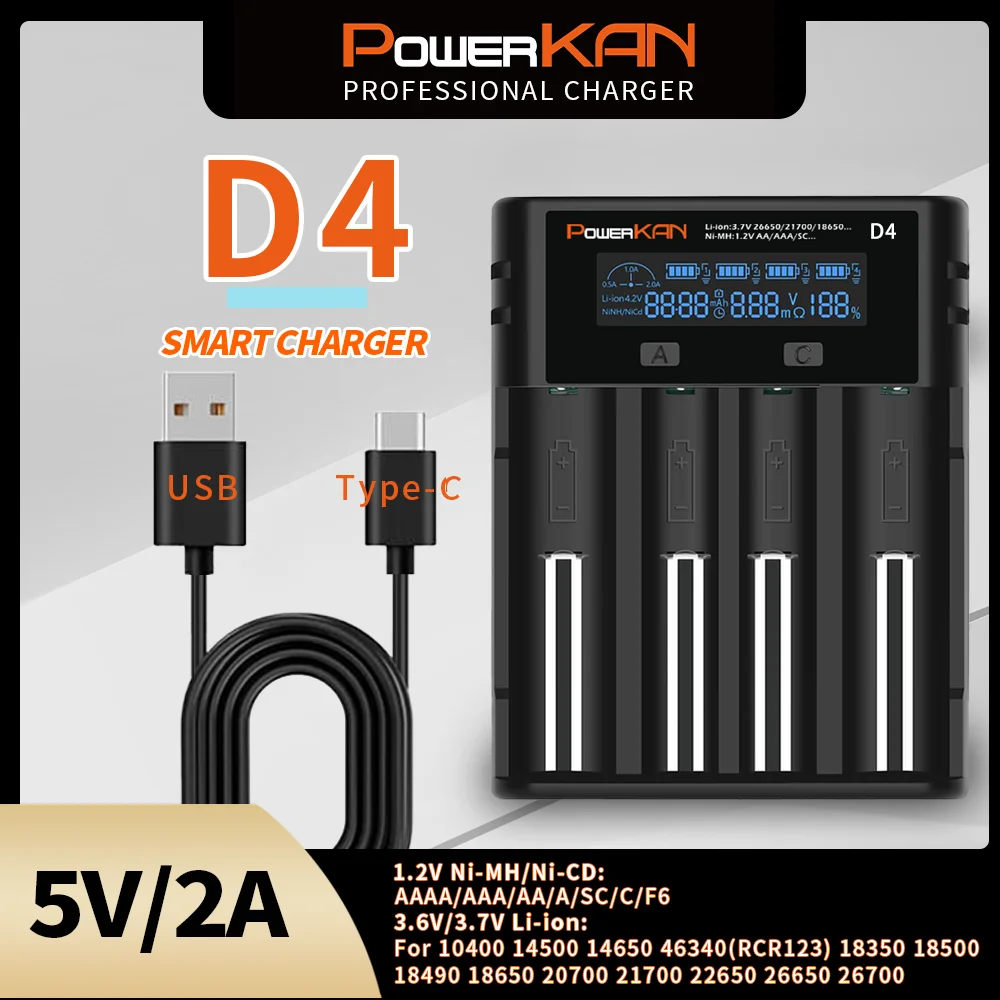 POWERKAN D4 Battery Charger for 1.2V Ni-MH/Ni-CD&3.6V/3.7V Li-ion LED Screen Automatically Detect Type&Power&Current