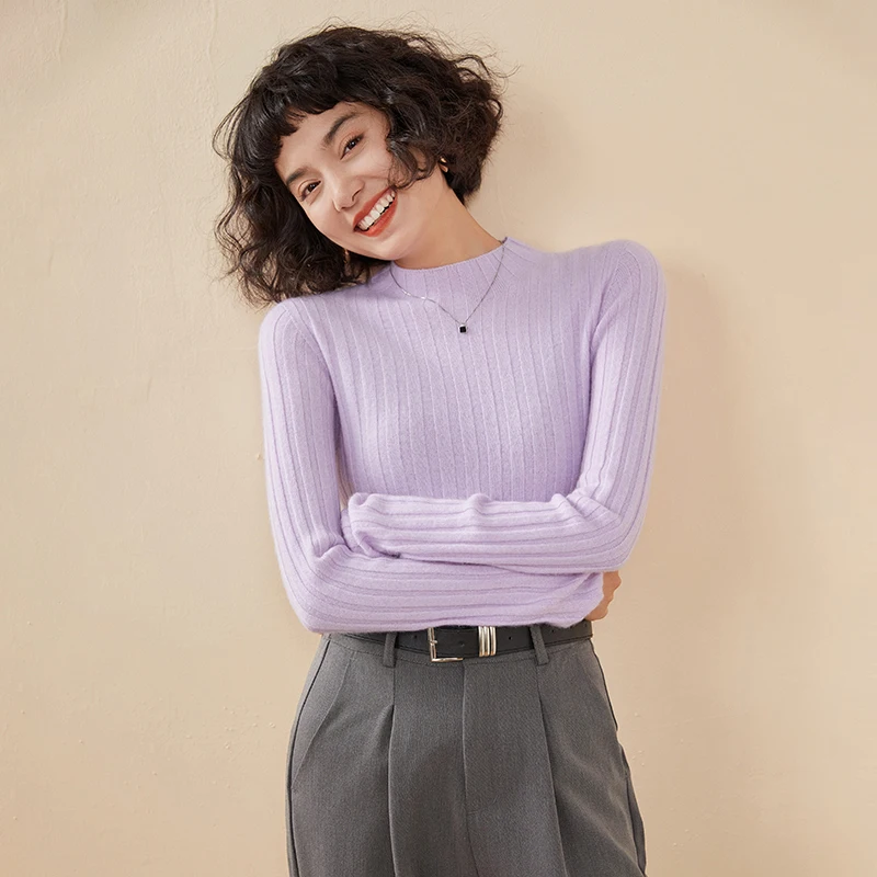 Autumn and winter seamless semi high neck cashmere women's pullover slim fit solid color slimming sweater knitted base sweater