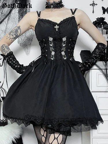 Imagen 1 del producto Vestido gótico oscuro de Lolita para mujer, vestidos de estilo Grunge, bordado negro, con corsé, línea A, ropa de fiesta