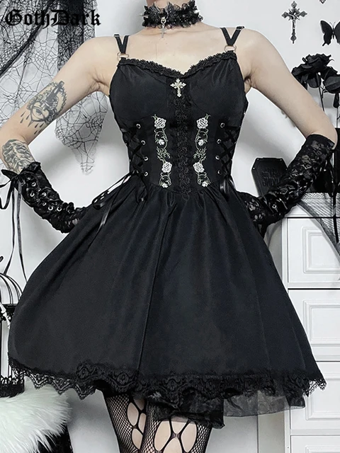 Goth Dark robe Corset Lolita gothique a bandes Style Grunge noire broderie Emo vetements de fete ligne a Alt AliExpress