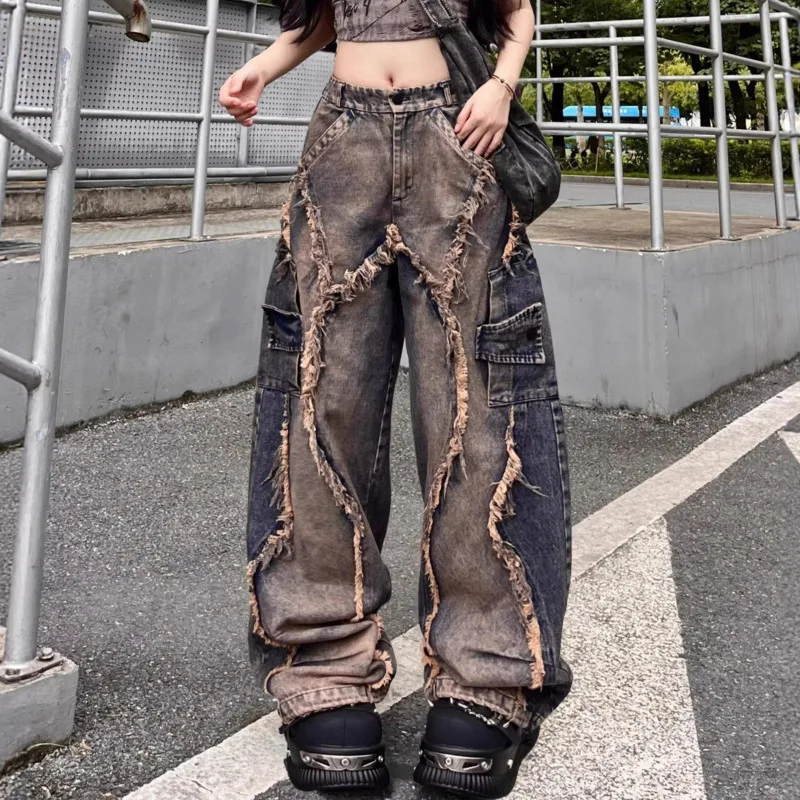 ANJY Autumn New Women Trendy Distressed Heavy Industry Color Block Washed Frayed Edge Jeans Hip Hop Street Wide Leg Pants A17893