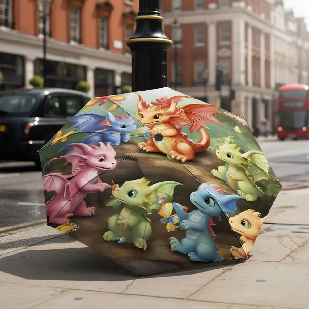 1P C Adorable Baby Dragon Design Umbrella for Rainy Days Print 8 Iron Ribs Folding Umbrella Auto-Open Fashion Sunshade