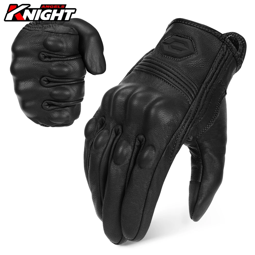 

​New Vintage Leather Motorcycle Gloves Men Black Wear-resistant Guantes Touch Screen Gloves Anti-slip Retro Motobiker Gloves