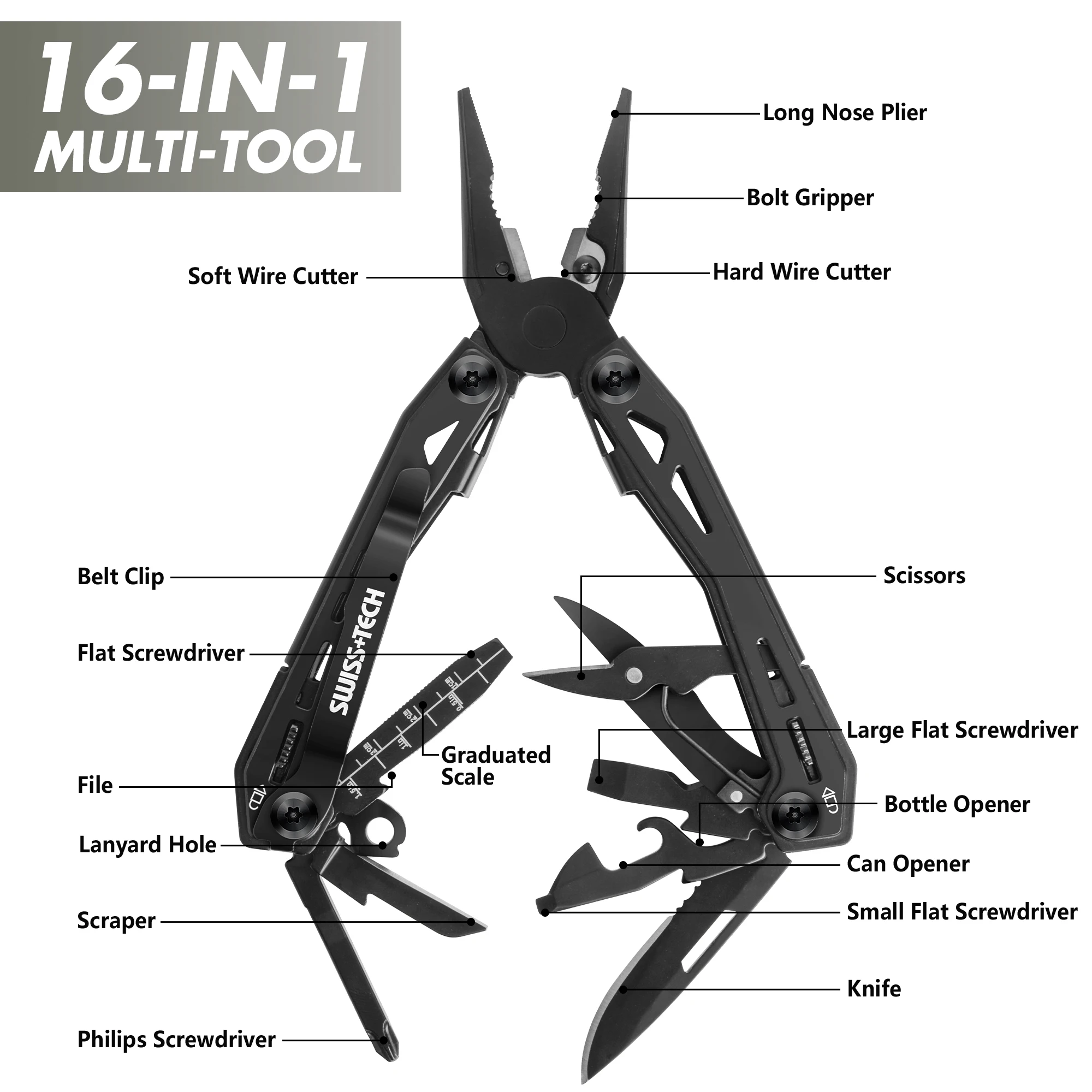 SWISS+TECH 16 in 1 Camping Multitool, Multi Folding Plier, Wire Stripper, Outdoor Pocket, Mini Portable for Camping, New Arrival