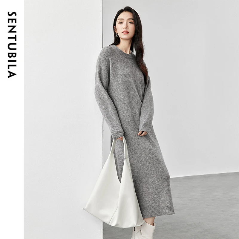 SENTUBILA Wool Knitted Dress for Women 2024 Winter Casual Simple Loose Fit O Neck Drop Sleeve Comfort Long Dress W44L57649