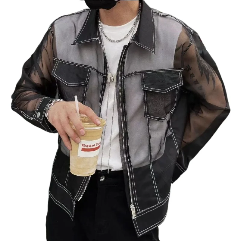 Fashion See-through Thin Jacket Sun Protection Coat Men Summer High Quality Design Zip Up Jacket Loose Streetwear Black Grey New