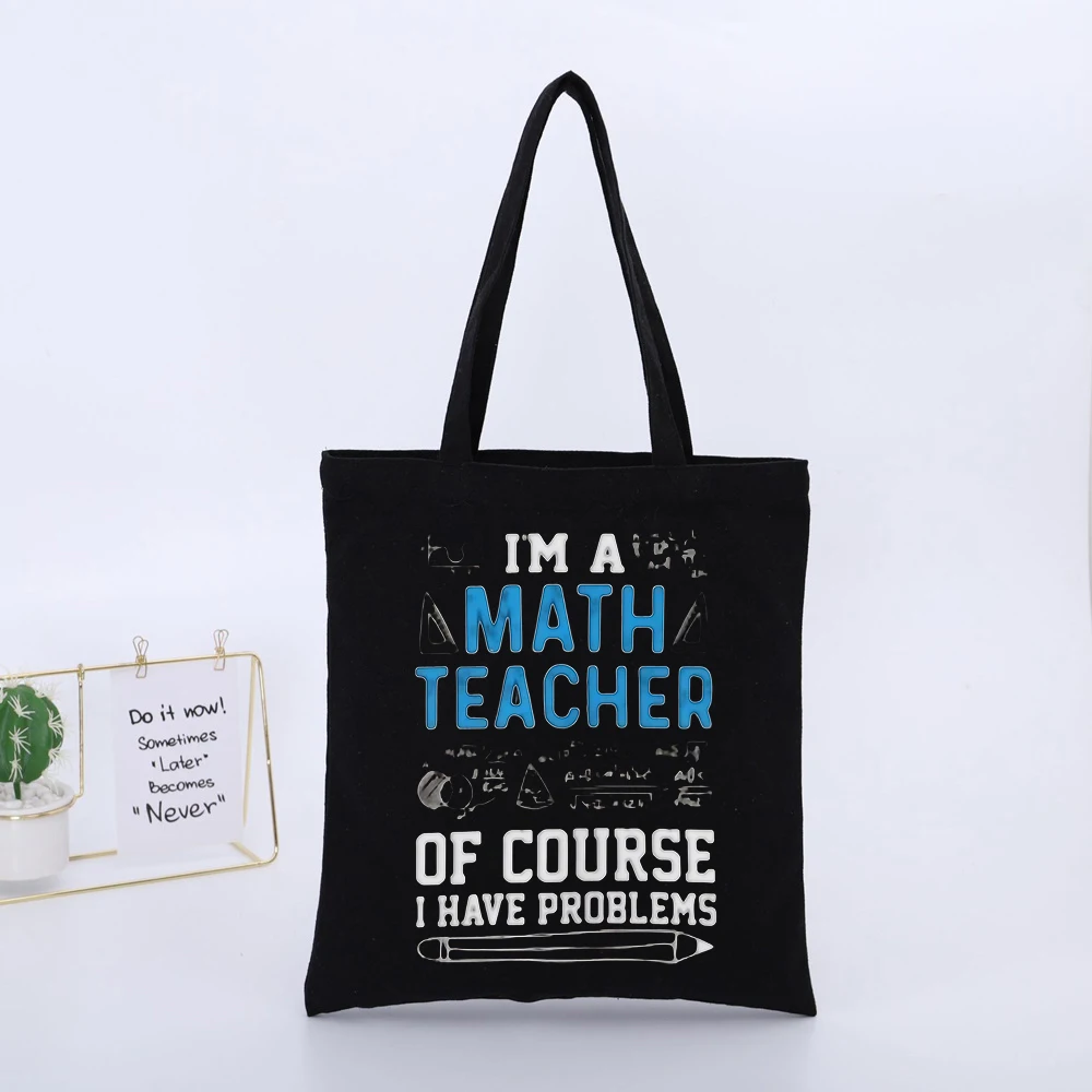Math Teacher's Black Canvas Tote Bag with Typography Print, Casual Style for Daily Use