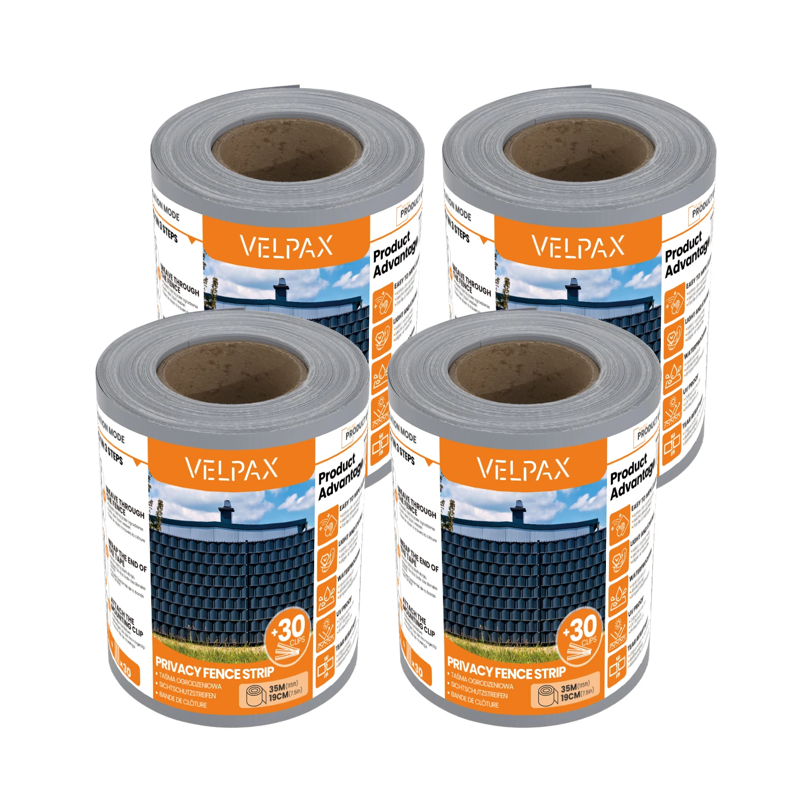 Brise-Vue en PVC pour Clôtures à Barreaux 4 Rouleaux 35m 450g/m² 120 Clips Fixation Résistant UV Intempéries Gris Clair
